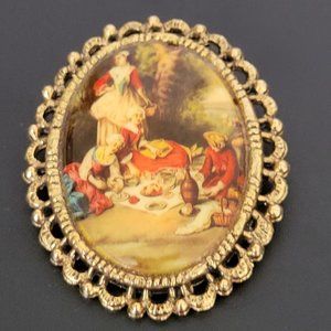 Victorian Picnic Scene Cameo Style Picture Brooch Pin Open Weave Gold Accent 2"